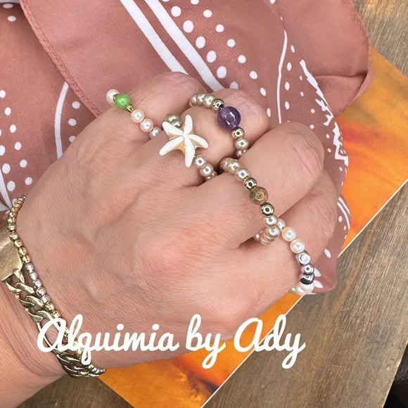 pearls beaded handmade ring dainty band/bohemian/lolita amethyst - Picture 4 of 6